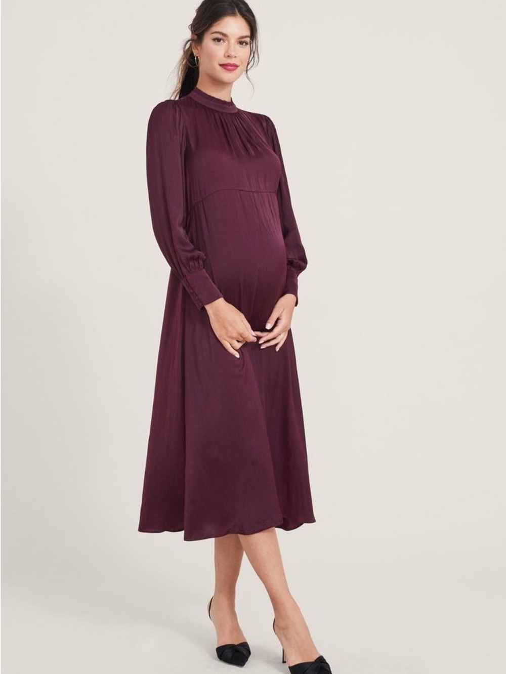 Hatch‎ Maternity The Robin Dress Wine Burgundy Satin Midi Ruffle Neck Size 1